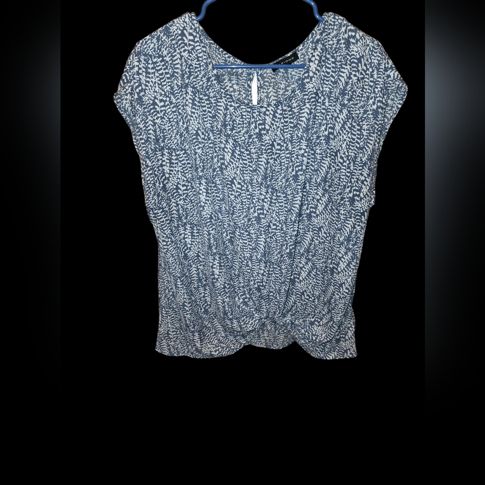 Pleione Navy and White Leaf Print Blouse